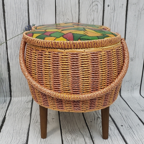 Vintage Exclusively For Singer MidCentury Wicker Sewing Basket Patchwork Design - Picture 5 of 14